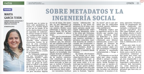 Sobre metadatos y la ingenieria social, por Marta García Terán para Diario Metro en Nicaragua